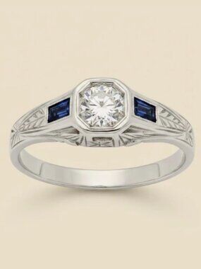 1920's White Gold Sapphire Diamond Bridal Wedding Engagement Art Deco Ring